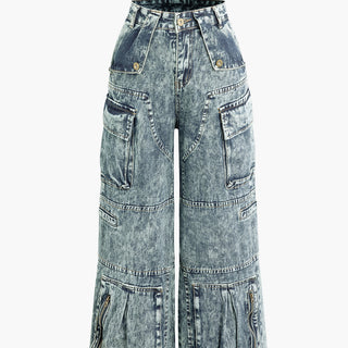 High Waist Flap Pocket Wide Leg Cargo Jeans