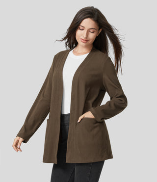 Ribbed Knit Long Sleeve Front Pocket Casual Coat