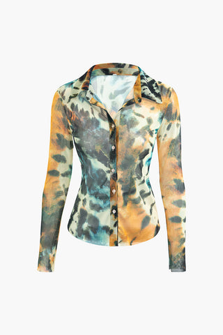 Tie Dye Mesh Button Up Long Sleeve Shirt