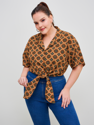 100% Cotton Collar Geometric Button Knotted Short Sleeve Oversized Blouse Curve & Plus (2XL / Ginger)