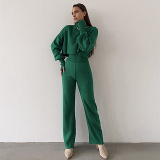 BARBROSY Turtleneck Short Top and Pants OutfitGreen