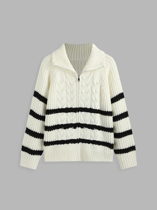 Collar Stripes Cable Knit Zipper Up Cardigan Curve & Plus