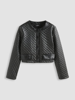 Solid Faux Leather Quilted Jacket