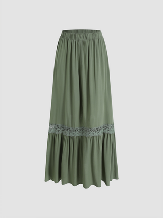 Solid Lace Trim Elastic Waist Midi Skirt