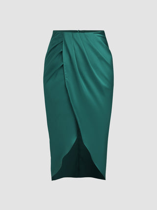 Solid Fold Pleated Slit Midi Skirt