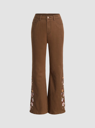 High Rise Floral Embroidery Flare Leg Jeans