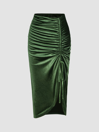 Velvet Drawstring Ruched Midi Skirt