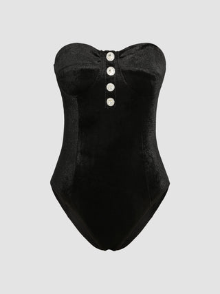 Velvet Solid Corset Strapless Glitter Rhinestone Bodysuit