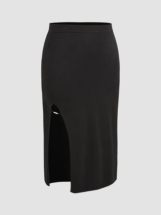 Solid Knit Slit Skirt Curve & Plus