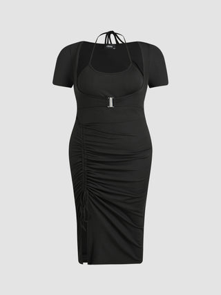 Solid Rib Buckle Ruched Midi Dress Curve & Plus