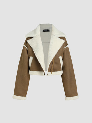 Faux Shearling Solid Contrasting Collar Jacket