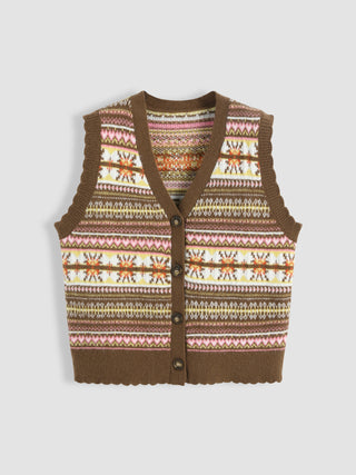 Graphic V-neck Button Up Knitted Vest