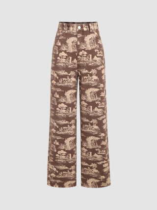 High Rise All Over Print Denim Wide Leg Trousers