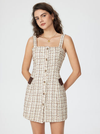 Tweed Sleeveless Button Up Short Dress