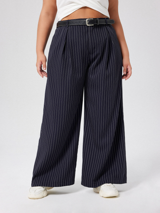 Striped Wide Leg Trousers With Belt Curve & Plus