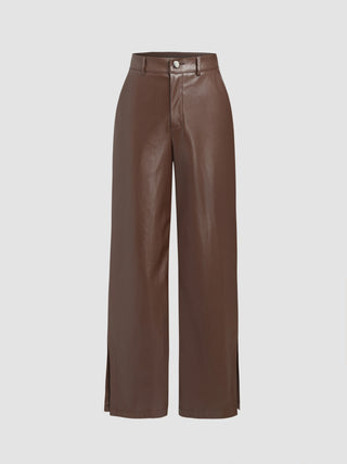 Faux Leather Solid Split Wide Leg Trousers