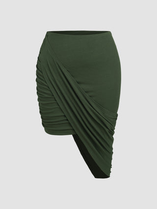 Solid Ruched Asymmetrical Hem Skirt Curve & Plus