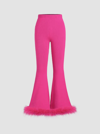 Solid Fuzzy Flared Knitted Trousers