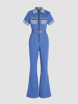 Denim Belted Short Sleeve Flared Leg Jumpsuit