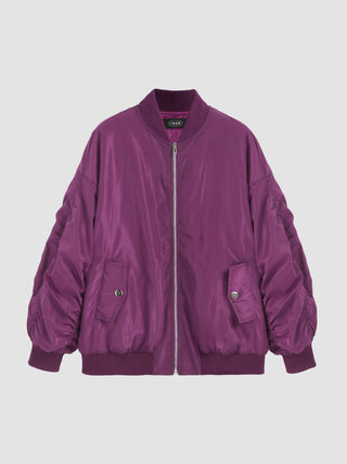 Woven Solid Oversized Zip Up Bomber Jacket