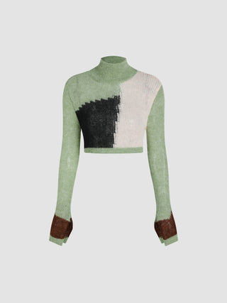 Wool-blend Patchy High Neck Crop Sweater