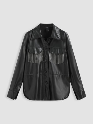 Faux Leather Collar Rhinestone Fringe Jacket