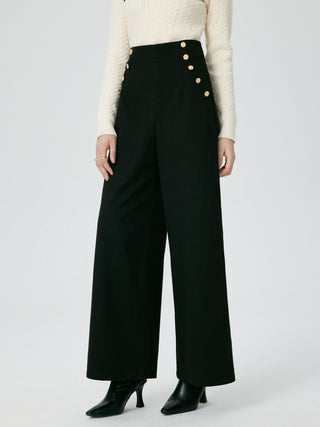 Woven Solid Button Wide Leg Trousers