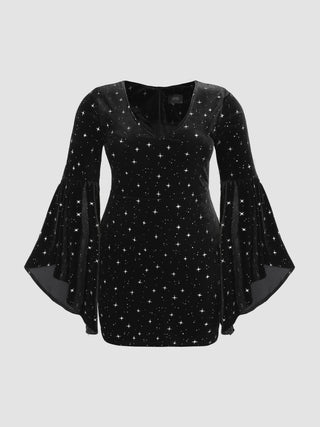 Star Pattern Bell Sleeve Velvet Short Dress Curve & Plus