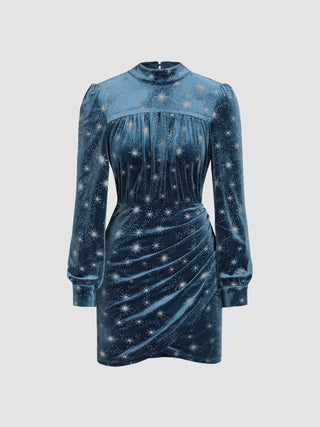 Velvet Star Pattern High Neck Short Dress