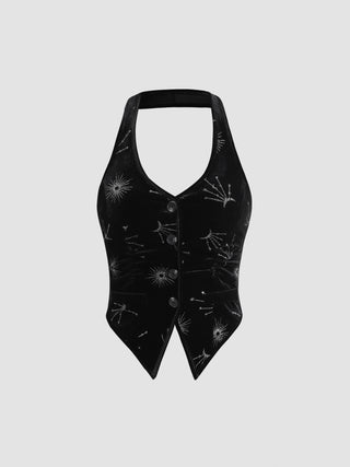 Velvet Halter Star Glitter Button Up Tank Top