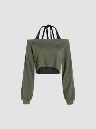 Solid Halter Cami Crop Top & Off-shoulder Sweatshirt