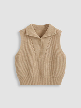 Wool-blend Solid Zip Up Knitted Vest Curve & Plus