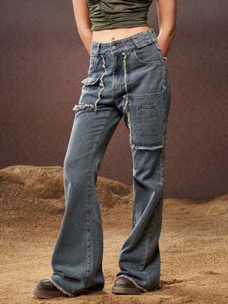 Mid Waist Fringe Flared Jeans