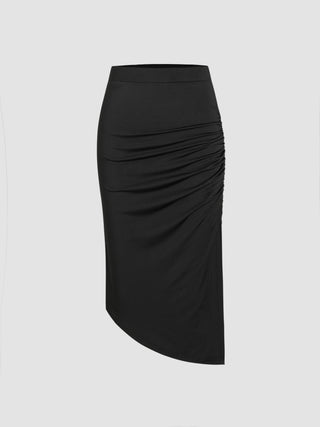 Solid Ruched Slit Midi Skirt