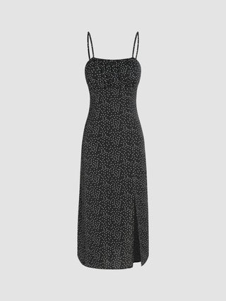 Spot Square Neck Split Midi Dress