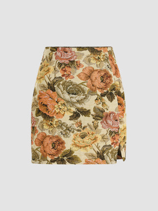 Jacquard Floral Mid Waist Mini Skirt