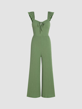 Texture Knotted Ruffle Hem Wide Leg Jumpsuit