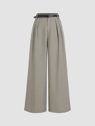 Gingham Pleated Wide Leg Trousers With Belt