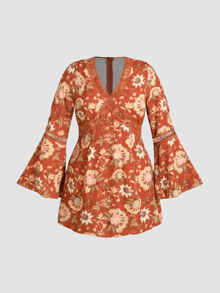 Floral V-neck Bell Sleeve Mini Dress Curve & Plus