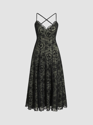 Mesh Floral Lace Tirm Maxi Dress