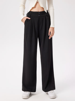 Solid Double Waistband Button Wide Leg Trousers