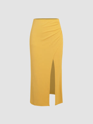 Ruched Split Knitted Maxi Skirt