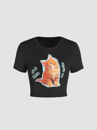 Life is Better With A Cat Patchy Print Crop Top