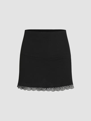 Rib Lace Trim High Waist Mini Skirt