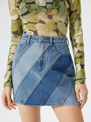 High Waist Patchy Denim Mini Skirt