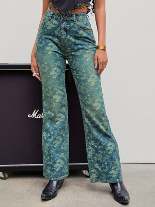 Mid Rise Floral Print Flared Jeans