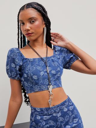 Denim Paisley U-neckline Crop Top