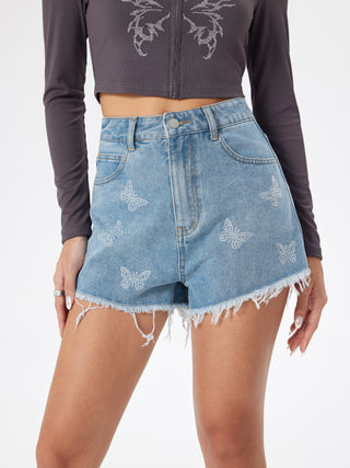 Denim Butterfly Rhinestone Raw Hem Jean Shorts