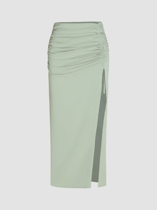 High Waist Ruched Split Maxi Skirt