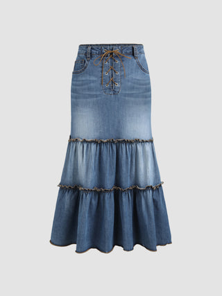 Denim Lace Up Ruffle Tiered Midi Skirt